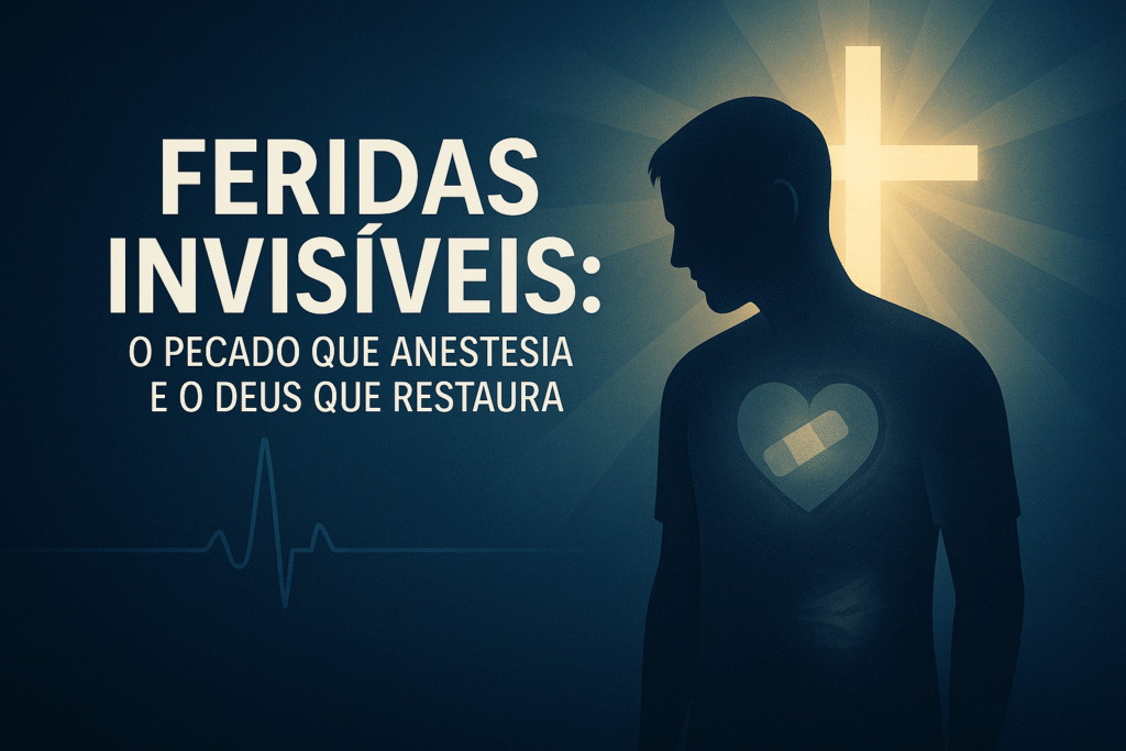 Ilustração cristã mostra uma pessoa com feridas ocultas sendo iluminada pela cruz, simbolizando cura espiritual em Cristo.