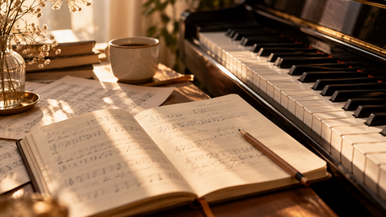 Piano com caderno de composição, lápis e partituras iluminados pela luz natural.