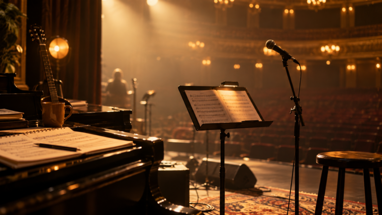 Palco de teatro com piano, microfone e estante de partituras sob iluminação dourada.