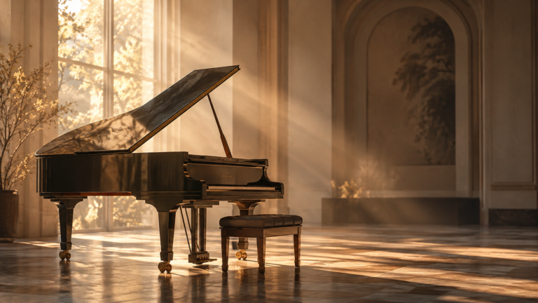 Piano de cauda iluminado por raios de sol em um salão silencioso.