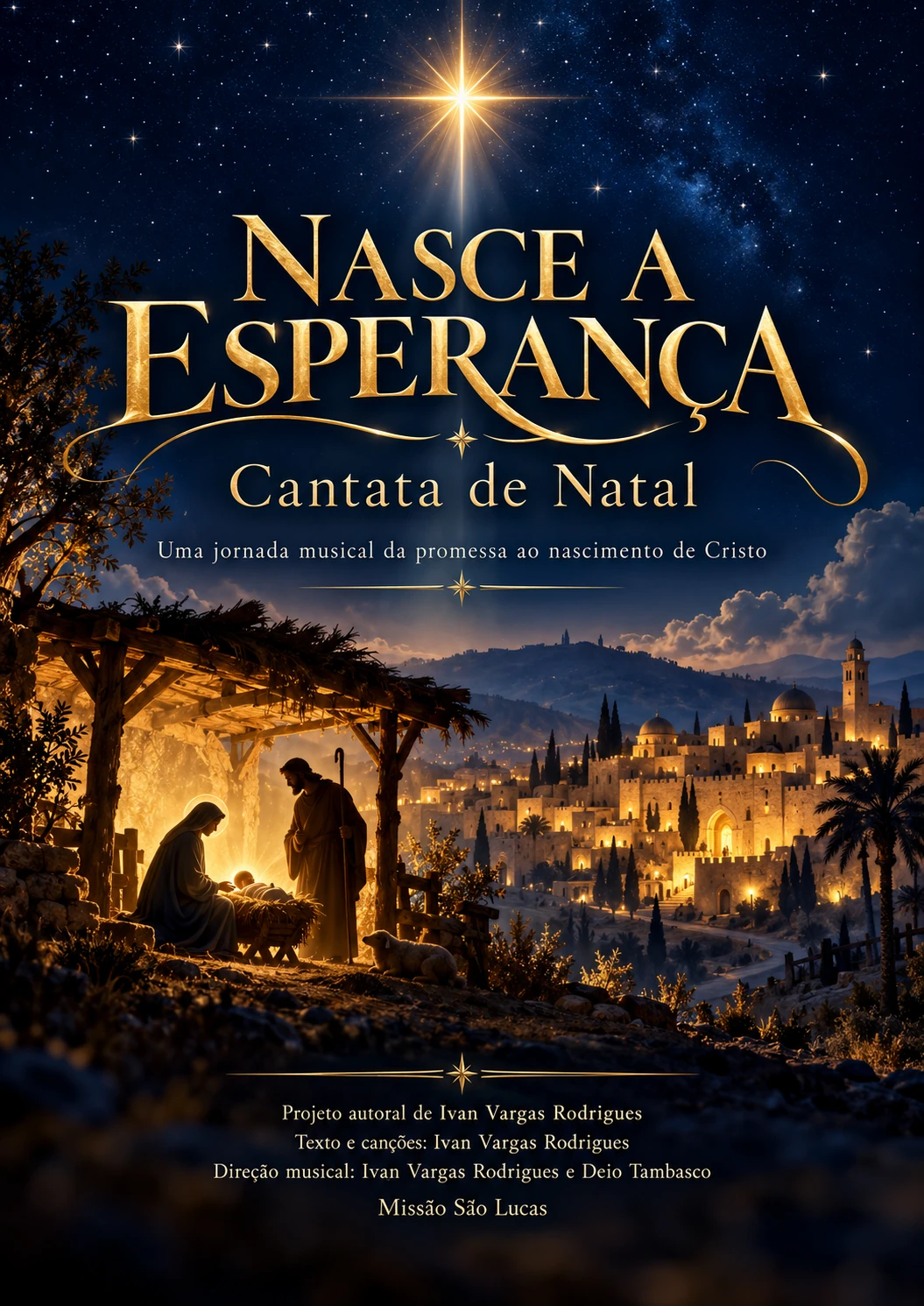 Cartaz oficial de Nasce a Esperança, cantata de Natal, com cena da Natividade e uma estrela luminosa